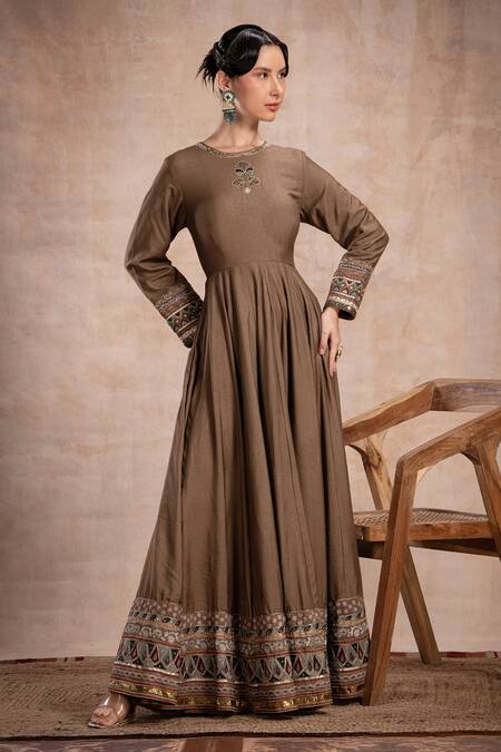 Shop_Saahiil Kapoor_Brown Tussar, Crepe, Organza Mirrors, Sequins, Thread Embroidered Anarkali Set _Online_at_Aza_Fashions