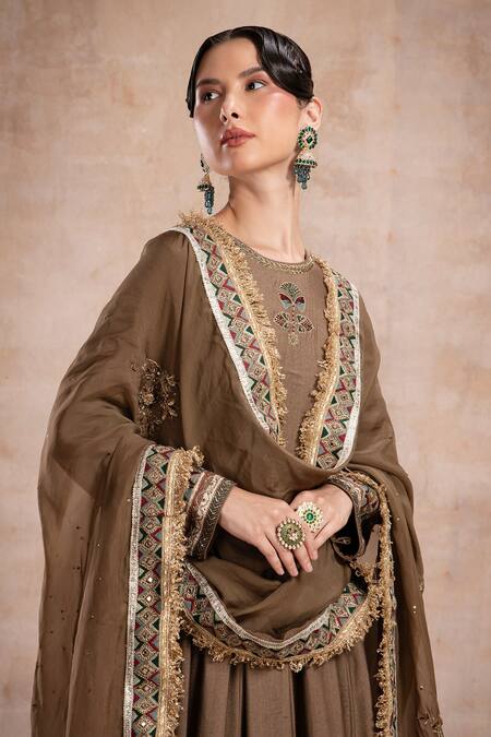 Saahiil Kapoor_Brown Tussar, Crepe, Organza Mirrors, Sequins, Thread Embroidered Anarkali Set _at_Aza_Fashions