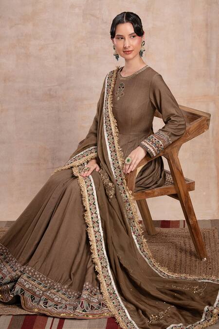 Buy_Saahiil Kapoor_Brown Tussar, Crepe, Organza Mirrors, Sequins, Thread Embroidered Anarkali Set 