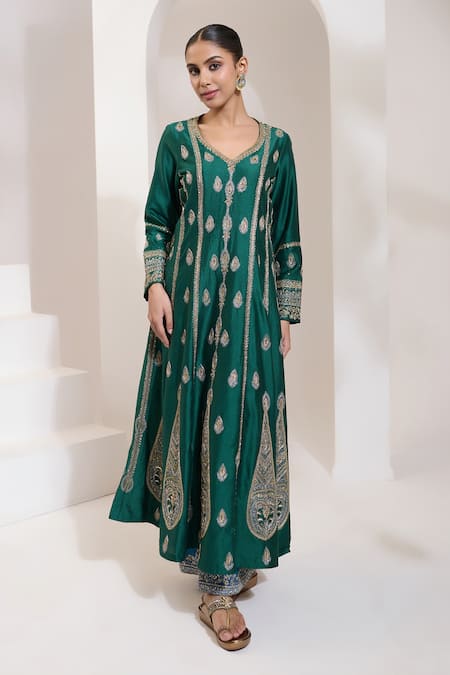Saahiil Kapoor_Green Chanderi, Organza, Cotton Sequins, Beads, Embroidery Paisley Anarkali Set _Online_at_Aza_Fashions