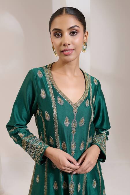 Buy_Saahiil Kapoor_Green Chanderi, Organza, Cotton Sequins, Beads, Embroidery Paisley Anarkali Set _Online_at_Aza_Fashions