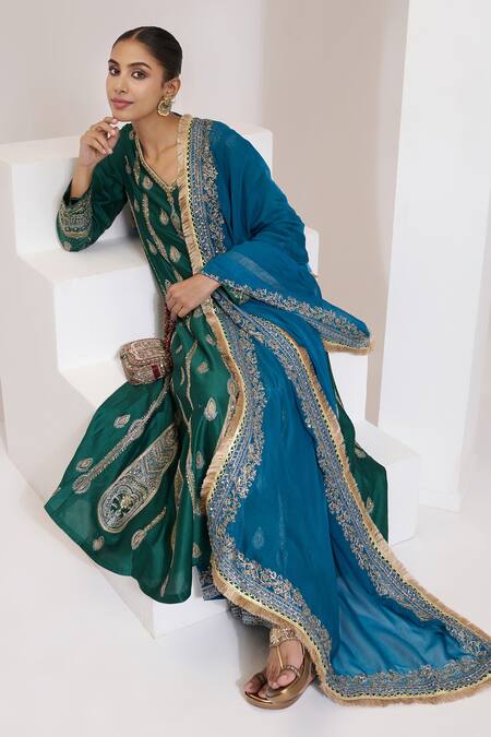 Buy_Saahiil Kapoor_Green Chanderi, Organza, Cotton Sequins, Beads, Embroidery Paisley Anarkali Set 