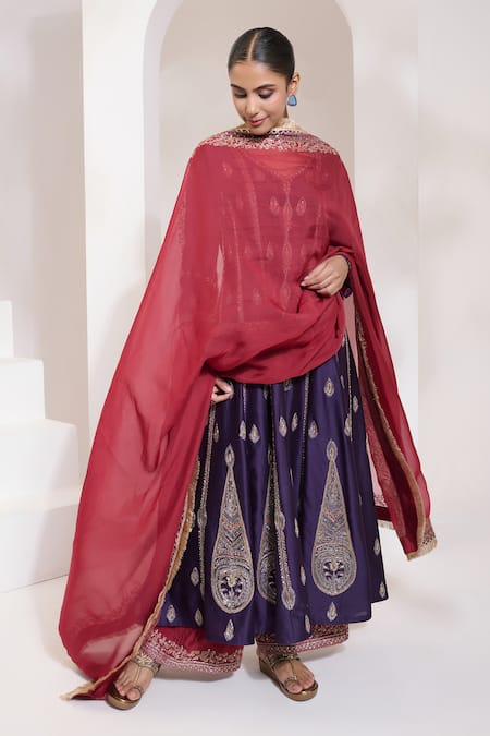 Saahiil Kapoor_Purple Chanderi, Organza, Cotton, Silk Sequins, Zari, Paisley Hand Anarkali Set _Online_at_Aza_Fashions