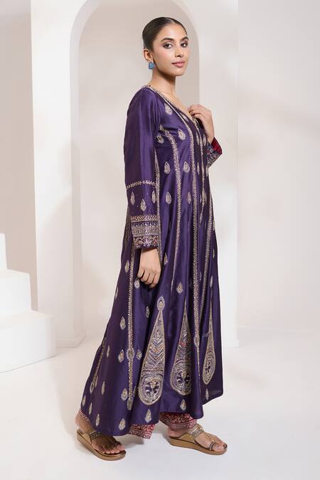 Saahiil Kapoor_Purple Chanderi, Organza, Cotton, Silk Sequins, Zari, Paisley Hand Anarkali Set _at_Aza_Fashions