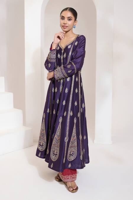 Buy_Saahiil Kapoor_Purple Chanderi, Organza, Cotton, Silk Sequins, Zari, Paisley Hand Anarkali Set 