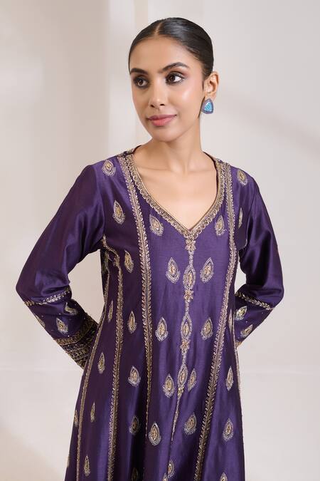 Shop_Saahiil Kapoor_Purple Chanderi, Organza, Cotton, Silk Sequins, Zari, Paisley Hand Anarkali Set 