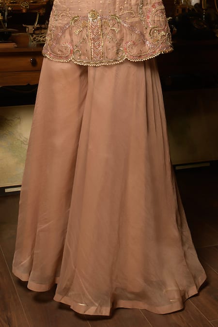 Saahiil Kapoor Beige Chiffon Sequins, Beads, Zari Halter Neck Embroidered Tunic Sharara Set Online at Aza Fashions Saahiil Kapoor_Beige Chiffon Sequins, Beads, Zari Halter Neck Embroidered Tunic Sharara Set _Online_at_Aza_Fashions