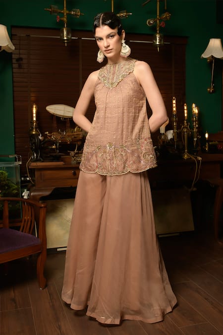 Saahiil Kapoor Beige Zari Embroidered Halter Tunic Sharara Set 