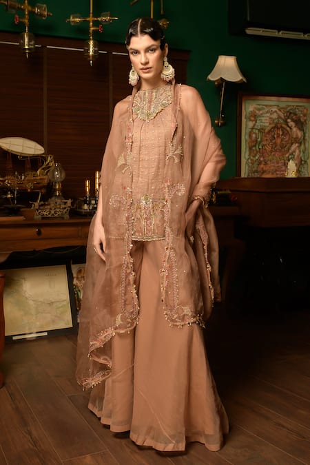 Saahiil Kapoor Beige Zari Embroidered Halter Tunic Sharara Set 