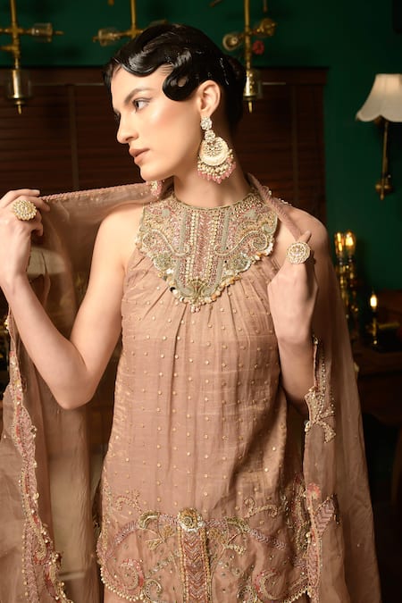 Saahiil Kapoor Beige Chiffon Sequins, Beads, Zari Halter Neck Embroidered Tunic Sharara Set at Aza Fashions Saahiil Kapoor_Beige Chiffon Sequins, Beads, Zari Halter Neck Embroidered Tunic Sharara Set _at_Aza_Fashions