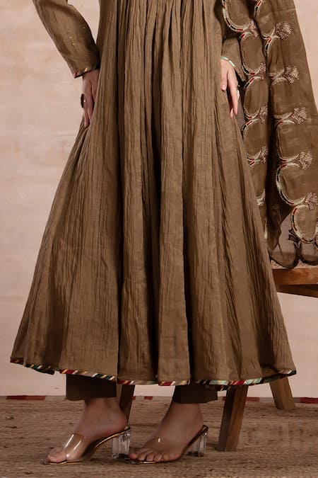 Saahiil Kapoor_Brown Chanderi , Cotton, Mirrors, Thread Embroidered Anarkali Set _Online_at_Aza_Fashions