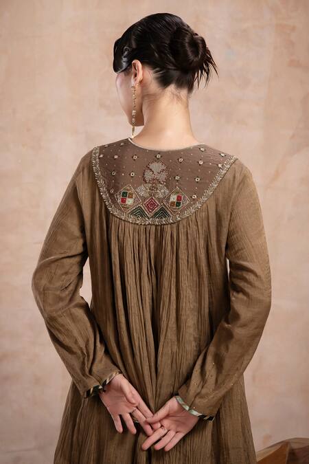 Buy_Saahiil Kapoor_Brown Chanderi , Cotton, Mirrors, Thread Embroidered Anarkali Set _Online_at_Aza_Fashions