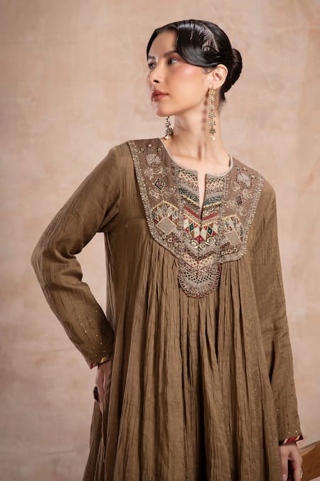 Saahiil Kapoor_Brown Chanderi , Cotton, Mirrors, Thread Embroidered Anarkali Set _at_Aza_Fashions