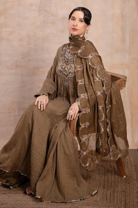 Buy_Saahiil Kapoor_Brown Chanderi , Cotton, Mirrors, Thread Embroidered Anarkali Set 