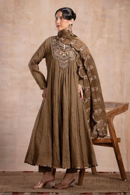 Shop_Saahiil Kapoor_Brown Chanderi , Cotton, Mirrors, Thread Embroidered Anarkali Set 
