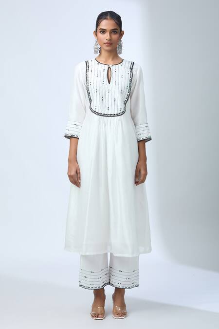 Buy Kalakaari By Sagarika Off White Cotton, Chanderi Silk Mirrors, Embroidery Round Neck Kurta Set Online at Aza Fashions Buy_Kalakaari By Sagarika_Off White Cotton, Chanderi Silk Mirrors, Embroidery Round Neck Kurta Set _Online_at_Aza_Fashions