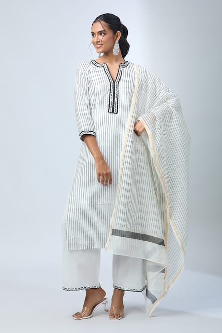Kalakaari By Sagarika_Off White Cotton, Chanderi Silk Lace, Mirrors, Embroidery Stripe Print Kurta Set _Online_at_Aza_Fashions