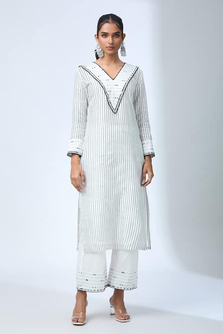 Buy Kalakaari By Sagarika Off White Cotton, Chanderi Silk Lace, Mirrors, Floral Printed Kurta Pant Set Online at Aza Fashions Buy_Kalakaari By Sagarika_Off White Cotton, Chanderi Silk Lace, Mirrors, Floral Printed Kurta Pant Set _Online_at_Aza_Fashions