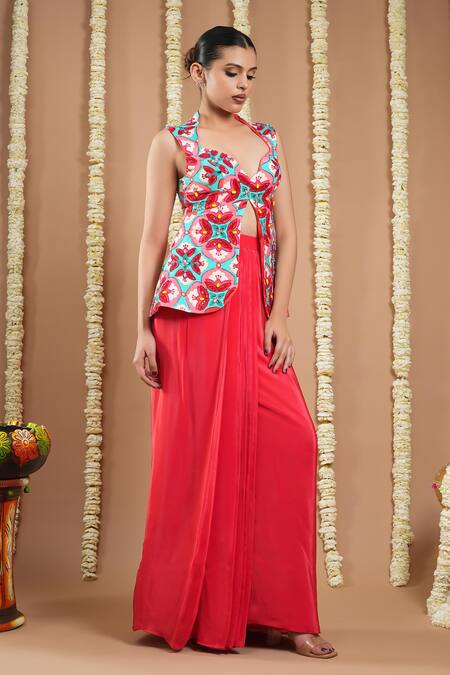 Buy Ahi Clothing Red Crepe Sequins, Zari, Metallic Thread Hand Embroidered Draped Skirt And Jacket Buy_Ahi Clothing_Red Crepe Sequins, Zari, Metallic Thread Hand Embroidered Draped Skirt And Jacket