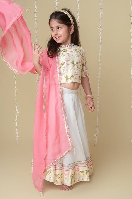 MI Dulce AN'YA_Ivory Chanderi, Organza, Cotton Pichwai Print Blouse And Dupatta Lehenga Set _Online_at_Aza_Fashions