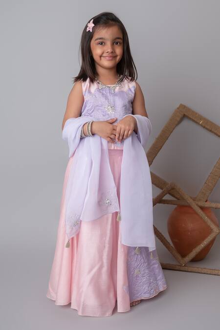 MI Dulce AN'YA_Pink Chanderi, Organza, Cotton Pearls, Sequins, Floral Applique Lehenga Set _Online_at_Aza_Fashions