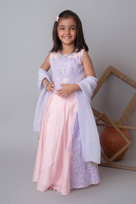 Buy_MI Dulce AN'YA_Pink Chanderi, Organza, Cotton Pearls, Sequins, Floral Applique Lehenga Set _Online_at_Aza_Fashions