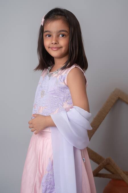 Shop_MI Dulce AN'YA_Pink Chanderi, Organza, Cotton Pearls, Sequins, Floral Applique Lehenga Set _Online_at_Aza_Fashions