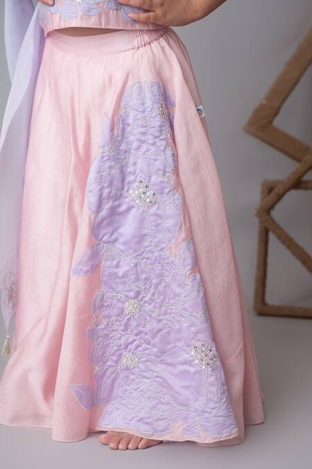 MI Dulce AN'YA_Pink Chanderi, Organza, Cotton Pearls, Sequins, Floral Applique Lehenga Set _at_Aza_Fashions