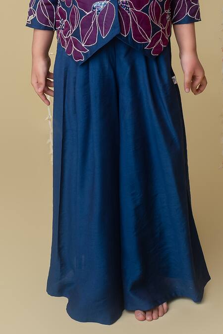 MI Dulce AN'YA_Blue Chanderi, Cotton Pearls, Navy Applique Floral Jacket And Flared Pant _Online_at_Aza_Fashions