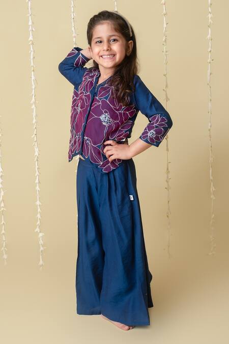 Buy_MI Dulce AN'YA_Blue Chanderi, Cotton Pearls, Navy Applique Floral Jacket And Flared Pant _Online_at_Aza_Fashions