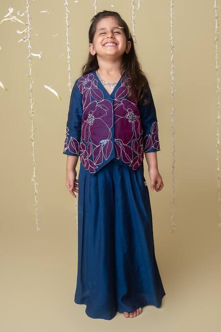 Shop_MI Dulce AN'YA_Blue Chanderi, Cotton Pearls, Navy Applique Floral Jacket And Flared Pant _Online_at_Aza_Fashions