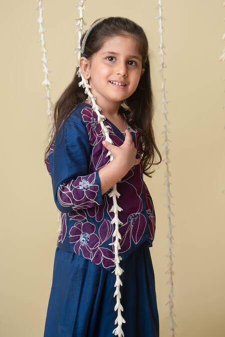 MI Dulce AN'YA_Blue Chanderi, Cotton Pearls, Navy Applique Floral Jacket And Flared Pant _at_Aza_Fashions