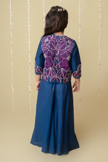 MI Dulce AN'YA Navy Blue Applique Floral Jacket & Flared Pant 