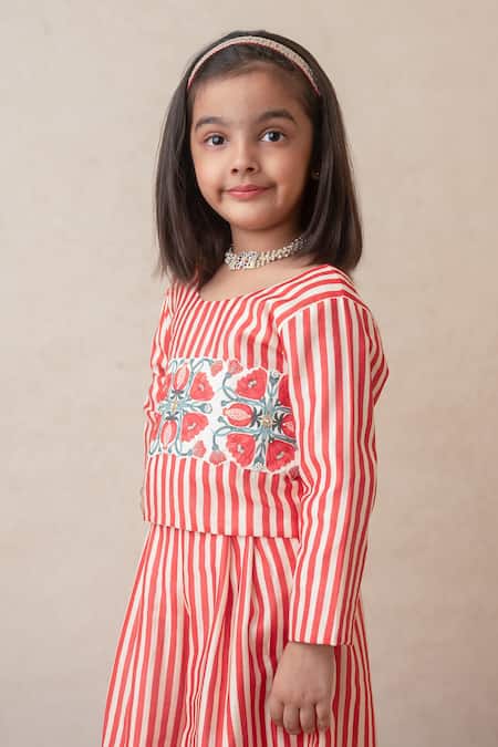 MI Dulce AN'YA_Red Handloom Cotton, Cotton, Chanderi Stripe Floral Crop Top And Flared Pant _Online_at_Aza_Fashions