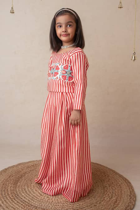 Buy_MI Dulce AN'YA_Red Handloom Cotton, Cotton, Chanderi Stripe Floral Crop Top And Flared Pant _Online_at_Aza_Fashions