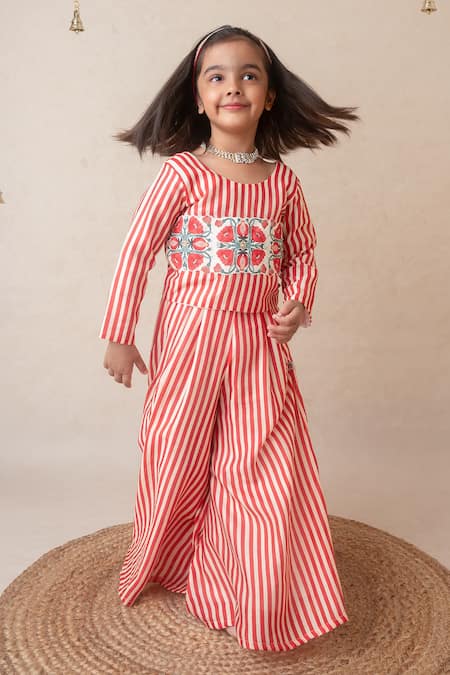 Shop_MI Dulce AN'YA_Red Handloom Cotton, Cotton, Chanderi Stripe Floral Crop Top And Flared Pant _Online_at_Aza_Fashions
