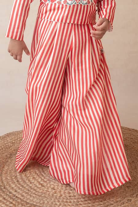 MI Dulce AN'YA_Red Handloom Cotton, Cotton, Chanderi Stripe Floral Crop Top And Flared Pant _at_Aza_Fashions