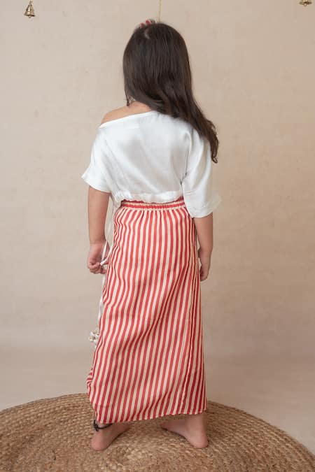 MI Dulce AN'YA Pomegranate Embroidered Top & Stripe Draped Skirt 