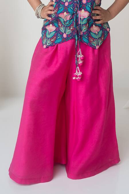 MI Dulce AN'YA_Blue Handloom , Zari, Floral Print Waistcoat And Fuchsia Flared Pant _Online_at_Aza_Fashions