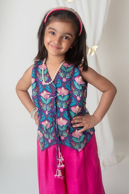 Buy_MI Dulce AN'YA_Blue Handloom , Zari, Floral Print Waistcoat And Fuchsia Flared Pant _Online_at_Aza_Fashions