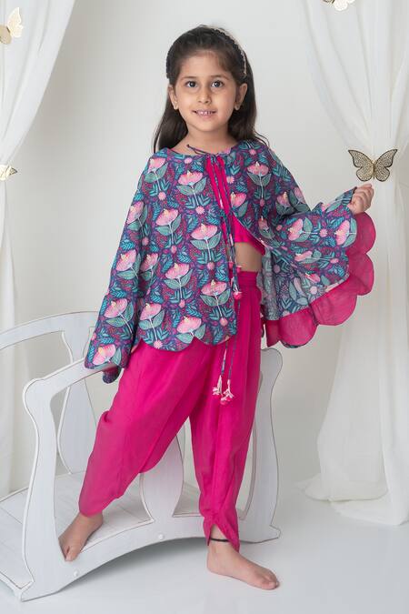 Buy_MI Dulce AN'YA_Blue Cotton, Chanderi Floral Print Cape Dhoti Pant Set _Online_at_Aza_Fashions