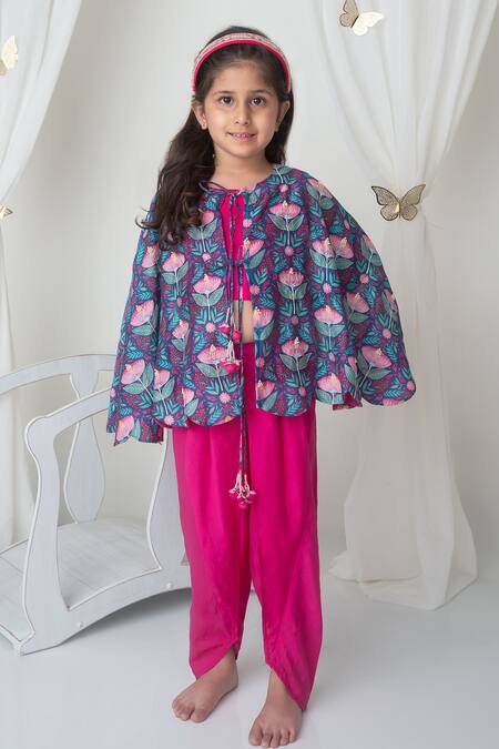 Shop_MI Dulce AN'YA_Blue Cotton, Chanderi Floral Print Cape Dhoti Pant Set _Online_at_Aza_Fashions