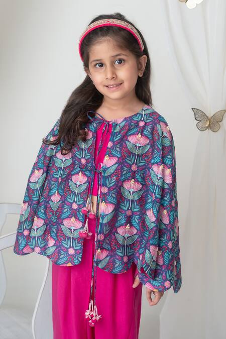 MI Dulce AN'YA_Blue Cotton, Chanderi Floral Print Cape Dhoti Pant Set _at_Aza_Fashions