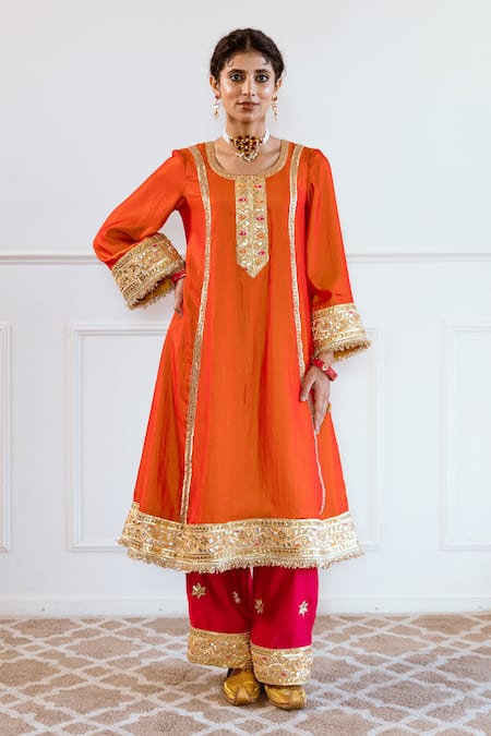 Rivaaj Clothing_Orange Modal, Silk Gota Patti Round Neck Embroidered Anarkali Set _Online_at_Aza_Fashions