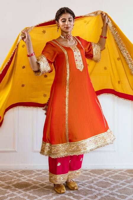 Buy_Rivaaj Clothing_Orange Modal, Silk Gota Patti Round Neck Embroidered Anarkali Set _Online_at_Aza_Fashions