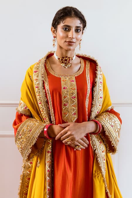 Shop_Rivaaj Clothing_Orange Modal, Silk Gota Patti Round Neck Embroidered Anarkali Set _Online_at_Aza_Fashions