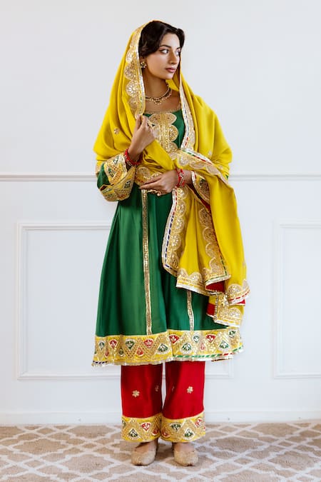 Buy_Rivaaj Clothing_Green Modal, Chiffon Gota Patti, Embroidery Round Neck Anarkali Set _Online_at_Aza_Fashions