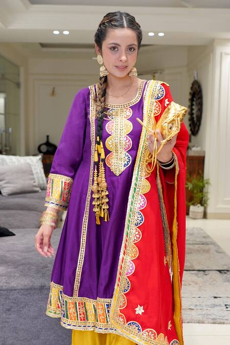 Rivaaj Clothing_Purple Modal Gota Patti, Embroidery Round Neck Anarkali Set _at_Aza_Fashions