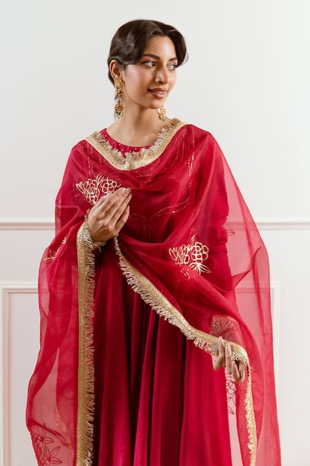 Rivaaj Clothing_Red Modal, Silk, Chiffon Gota Patti, Zari Round Neck Embroidered Anarkali Set _Online_at_Aza_Fashions