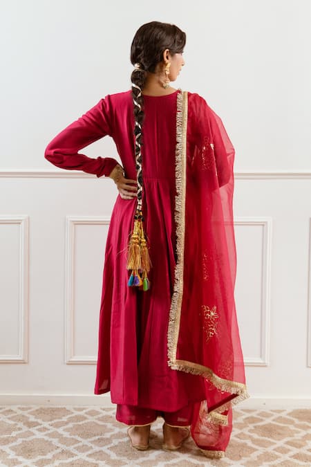 Buy_Rivaaj Clothing_Red Modal, Silk, Chiffon Gota Patti, Zari Round Neck Embroidered Anarkali Set _Online_at_Aza_Fashions